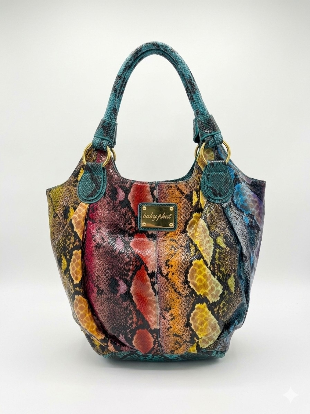 Baby Phat Multicolor Snake-Print Shoulder Bag with Teal Handles